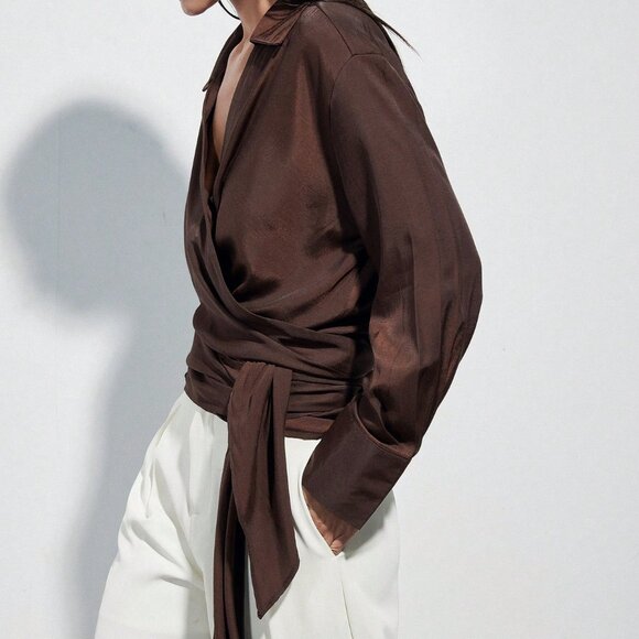 Tops - Brown Casual Women's French Criss-Cross Strap V-Neck Blouse